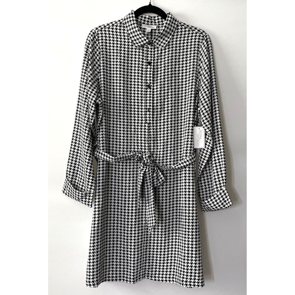 NWT Morgan Taylor Shirt Dress Tie Waist Long Sleeve Houndstooth Size L-dmpv